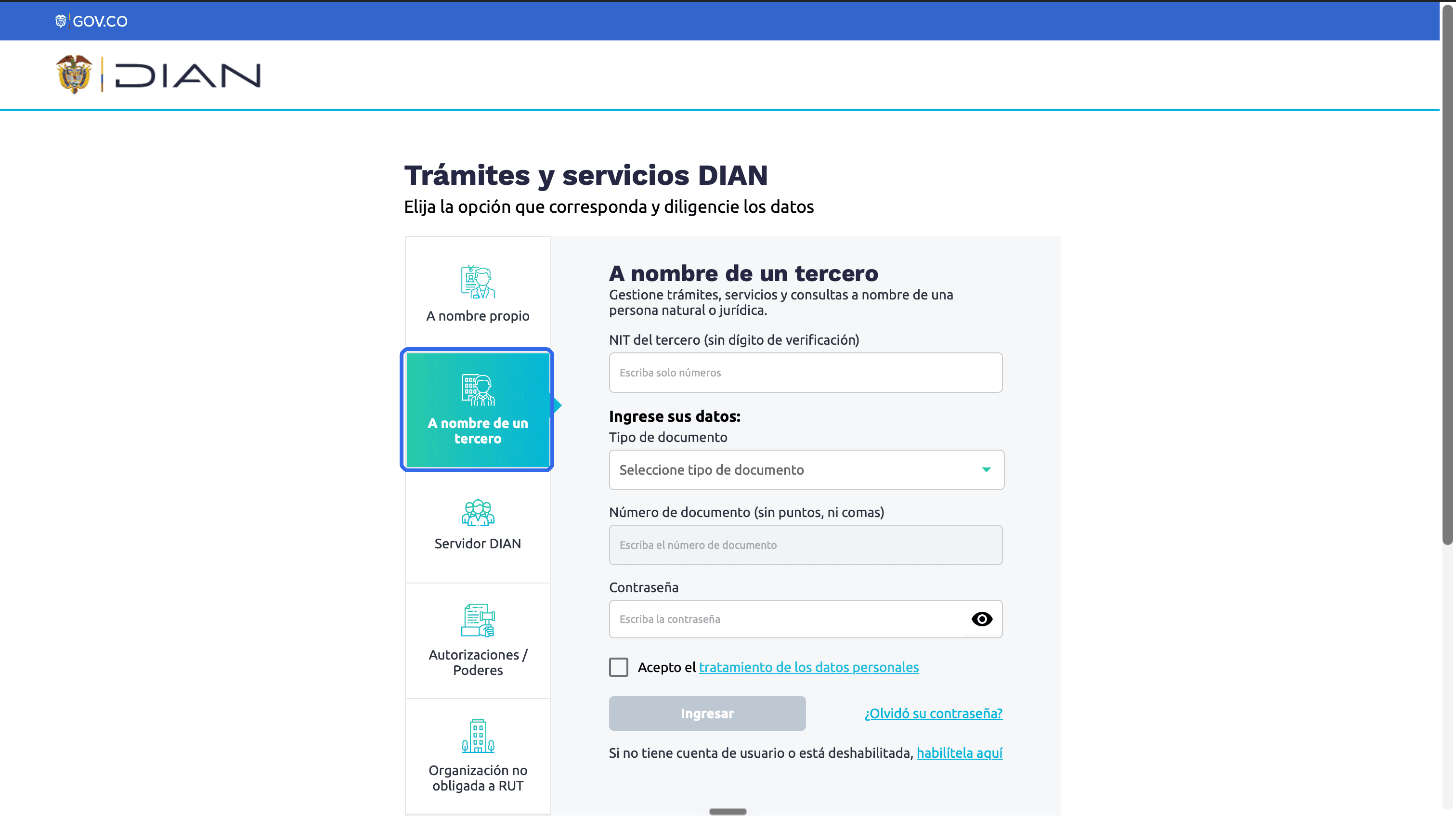 Pantallazo complementario del paso 2: ¿Tu NIT es diferente a tu cédula? Entonces elige la opción A nombre de un tercero: ahí escribes tu NIT y tu cédula.